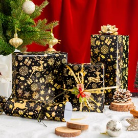 MAYPLUSS Shiny Christmas Wrapping Paper Roll - 17 Inch X 33 Feet - Luxury Metallic Foil Golden Reindeer Gift Snowflake Star on Black Design Winter Holiday Gift Wrap Paper for Party Birthday Wedding
