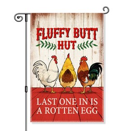 Gkodw Fluffy Butt Hut Garden Flag, Funny A Rotten Egg Yard Flag for Outside, Farm House Outdoor Home Porch Entry Fall Chicken Coop Decor, Housewarming Gifts Chicken Lover Gifts for Farmer Gardener