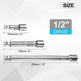 sourcing map 1/2" Drive Impact Extension Bar 3" 5" 10" Chrome Vanadium Steel Extra Long Socket Wrench Extender Square Drive Socket Driver Handle for Loosening and Tightening Silver 3-Piece Set