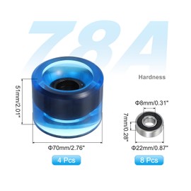 PATIKIL 70mm Skateboard Wheels 1 Set 78A Hardness Street Wheels PU Cruiser Wheels with 608RS Bearings for Skateboards Replacement, Transparent Blue