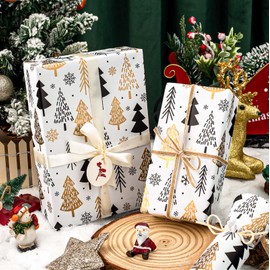 MAYPLUSS Christmas Trees Gift Wrapping Paper - 17 Inch X 33 Feet - Minimalistic Elegant Christmas Trees with Gold Design Winter Holiday Gift Wrap Sheet for Party, DIY Crafts & Festive Decoration