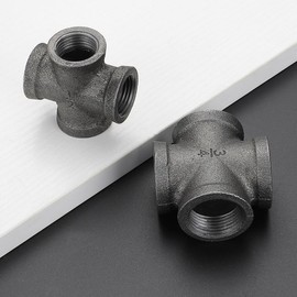 3/4" Pipe Fittings 4-Way Cross Fitting - Home Expert 4 Pack Malleable Cast Iron 4-Way Connector Threaded Pipe Fittings for Industrial Pipe Shelves Bracket, Vintage Industrial Pipe Furniture