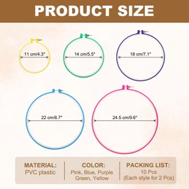 PATIKIL 10 Pieces Embroidery Hoops Frame Round Plastic Circle Cross Stitch Hoop Ring for Embroidery Art Craft Handy Sewing Decoration, Pink/Blue/Purple/Green/Yellow