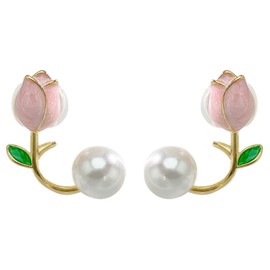 Inateannal Pink Flower Front and Back Earrings Pretty Tulip Pearl Stud Earrings Ear Cuff Jacket Front Back Earring for Women Girls, Pearl