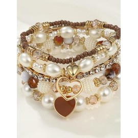 Women's Boho Style Rhinestone & Faux Pearl Decor Heart Charm Bracelets, 5pcs/set Trendy Vintage Matching Bracelets, Chic All-match Jewelry As Gift for Girlfriend, Girlfriend Gifts:_Multicolor3_one-size