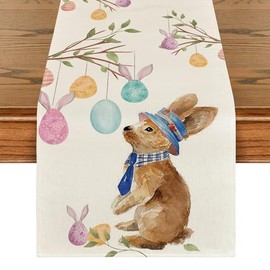 Easter Table Runner, Rabbit Colourful Eggs, Easter Tablecloth, Easter Decoration, Colourful Easter Eggs, Rabbit Tablecloth, Polyester Spring, Easter Decoration, Indoor Outdoor for Home Dining Room, 35