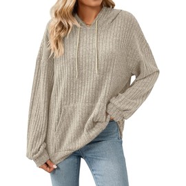 Gemulate Long Sleeve Sweatshirts for Ladies,Womens Long Length Jumpers Hooded Tops Casual Autumn Winter Fluffy Sweater Pullover Khaki-1 X-Large