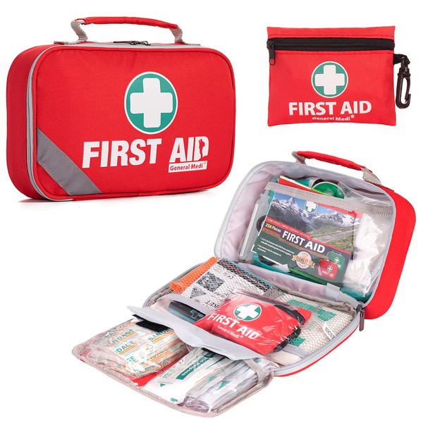 General Medi 2-in-1 First Aid Kit (215 Piece Set) + 43 Piece Mini First Aid Kit -Includes Eyewash, Ice(Cold) Pack, Moleskin Pad and Emergency Blanket for Travel, Home, Office, Car, Workplace