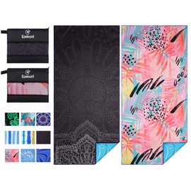 2 Pack Lightweight Thin Beach Towel Oversized 71"x32" Big Extra Large Microfiber Sand Free Towels for Adult Quick Dry Travel Camping Beach Accessories Vacation Essential Gift Black Mandala Pink Leaf
