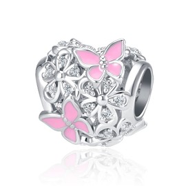MiWangLing Pink Butterfly Daisy Flower Heart Charm Clear CZ Bead for European Bracelet