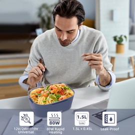 SOHIDA Electric Lunch Box, 12V/24V/110V Portable Food Warmer with SS Fork & Spoon for Car/Truck/Office, 80W Self Heating Lunch Box with 1.5L Container & 0.45L PP Fruit Box Light Bluish Purple