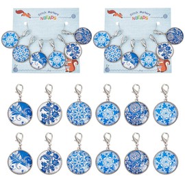 NBEADS 12 Pcs Glass Flat Round with Blue and White Porcelain Pattern Stitch Markers, Zinc Alloy Lobster Claw Clasps Crochet Stitch Marker Charms for Crochet Accessories Quilting Jewelry Making