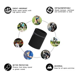2pcs Sports Thick Solid Color Wristband with Zipper / Wrist Wallet Multi Color Sweatband Wrist Support For Men Women Running, Walking, Basketball, Tennis, Hiking, Cross-Fit Travel 3.1x 3.1" (Black)