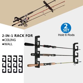 CAIKEI Ceiling Rod Rack Fishing Rod Rack Storage for Ceiling or Wall-Ultra Sturdy Strong Weatherproof Indoor and Outdoor Use, Holds 6 Rods