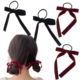 Set of 4 Velour Ribbon, BetterJonny Velour Ribbon, Black Velvet Hair Accessories, Hair Elastics, Velour Hair Accessories, Barrette, Bowknot, Fabric Girls, Hair Ornament, Black, Red