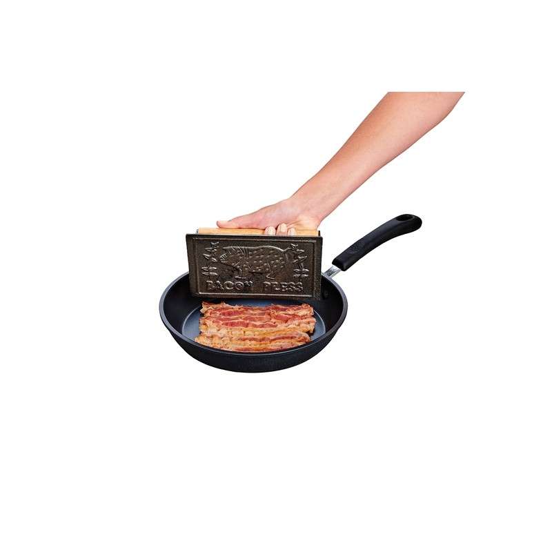 HIC Kitchen Bacon Press, Rectangular, Heavyweight Cast Iron, Wood Handle,