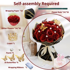 jabeick Glitter Roses Bouquet, Shiny Artificial Roses Flowers with Stems DIY Fake Glitter Flowers Bouquet for Valentine's Day, Mother's Day, Anniversary, Graduation, Birthday, Wedding, 36 Roses (Red)