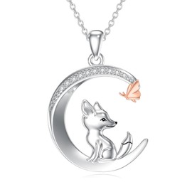 LWXIE Diamond Fox Necklace 925 Sterling Silver Moon Fox Butterfly Pendant Necklaces Animal Jewelry Gifts for Women, Sterling Silver, Diamond