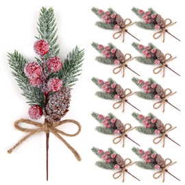 ELECLAND 10 Pcs Christmas Picks Decorations Artificial Pine Branches Stems Spray with Pine Cones Faux Pine Picks Red Berry Holly Leaves for Craft Floral Christmas Wreath Picks Ornaments, Red