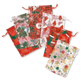 Current Organza Christmas Gift Bag Pack - Set of 12, 6 Festive Holiday Designs, 5 Inch by 7 Inch with Pull-Tie Reusable Small Gift Treat Favor Bags