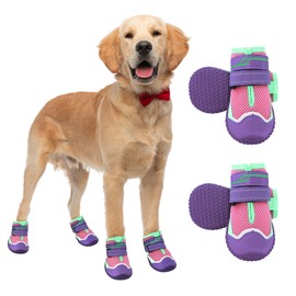 HIGO Dog Shoes - 4 Pack Non-Slip Dog Booties for Hardwood Floor, Reflective Dog Paw Protector for Hot Pavement, Breathable Dog Boots with Soft Skid-Resistant Soles (Purple, #8)