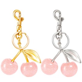 COOLANS 2 Set Cute Cherry Bag Charm,Apple Key Ring Clip Handbag Charm,Fruit Novelty Pendant,Purse Decor Keychain for Woman(Pink Cherry/Silver & Golden Key 2PCS)