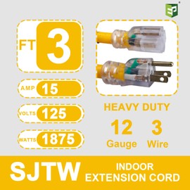 EP - Cable de extensión iluminado de 3 pies - Cable de extensión amarillo de 12/3 SJTW resistente con enchufe de 3 clavijas - Cable de alimentación de 15 amperios para césped, jardín,