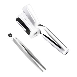 Stainless Steel Spatula Kitchen Tongs for Cooking – 2-in-1 Grill Clamp & Flipper with Curved Handle for Easy Grip – Filters Grease – Ideal for Grilling, Frying, Camping – Perfect for Home Cooks & BBQ