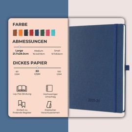 IN-LUXPRO Calendar 2025 2026 Weekly Planner, 18-Month Book Calendar (Jul 2025-Dec.2026) Monthly Calendar with Issues & Note Pages A4 (29 x 21.7 cm), with Vegan Leather & Note Pages, Navy Blue
