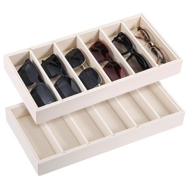 FdcZeyxior 2 Pack Velvet Sunglass Organizer Tray, Beige Jewelry Organizer Trays for Drawer 6 Grid Stackable Sunglasses Holder Storage Organizers Tray for Women Girls Men Glasses Jewelry Display Watch