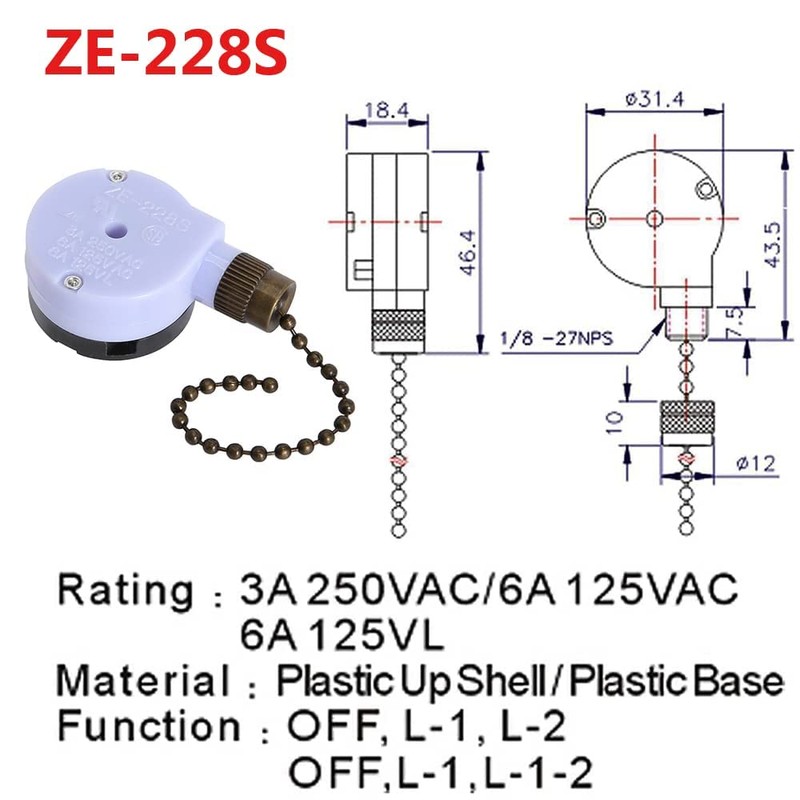 Replacement Ceiling Fan Light Switch, ZE-228s 2 Speed 3 Wire