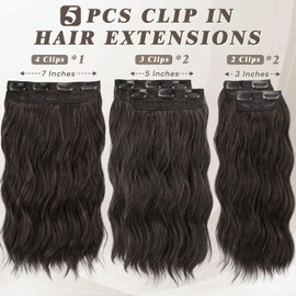 BARSDAR Short Wavy Clip in Hair Extensions - 14 Inch Dark Brown Hair Extensions Clip in for Women - 5PCs Thick Soft Synthetic Loose Wavy Clip in Hairpieces – Dark Brown Mixed