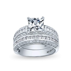 Personalize 3CT Art Deco Style Blue Square Princess Cut Solitaire Clear AAA CZ Engagement Anniversary Wedding Ring Set .925 Sterling Silver Customizable