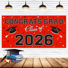 2026 Graduation Party Plastic Backdrop - 65" x 32.7" Congrats Grad Banner in Red, Large Class of 2026 Decorations, Photography & Grad Party Supplies