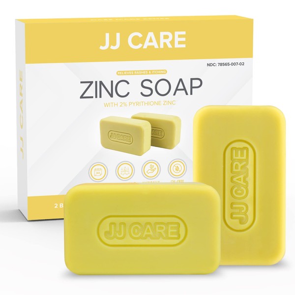 JJ CARE Zinc Soap - Pack of 2 Medicated 2% Zinc Pyrithione Soap for Daily Use, Individually Wrapped 4 oz. Zinc Bar Soap with Aloe Vera for Dandruff & Seborrheic Dermatitis