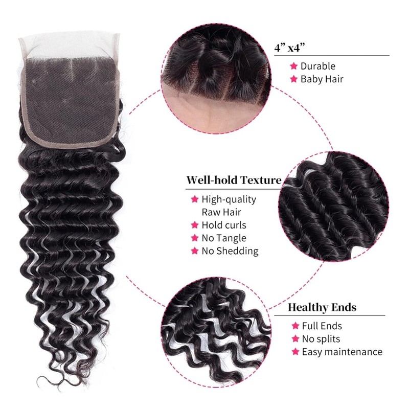 4x4 Deep Wave Lace Closure Brazilian Human Hair Deep Curly