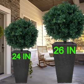 QAOUIEP 26''T 17.5''D Artificial Boxwood Plants Outdoor UV Protected Engineered Grade Material Set of 2 Prepotted Artificial Topiariy Trees for Front Porch