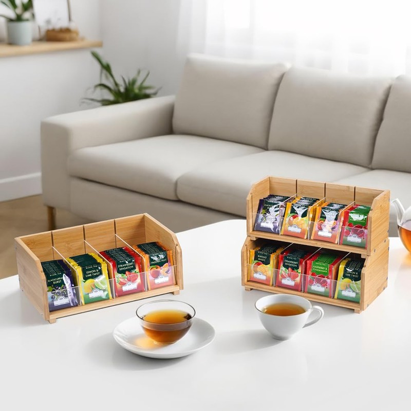 DOUKE Wooden Tea Bag Organizer – 2-Tier Stackable Tea Box
