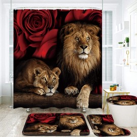 jieprom 4PCS Red Rose and Lion Shower Curtain Bathroom Set with Non-Slip Rugs, Toilet Lid Cover and Bath Mat, Red Shower Curtain with 12 Hooks, Durable Waterproof Bathroom Decor Set