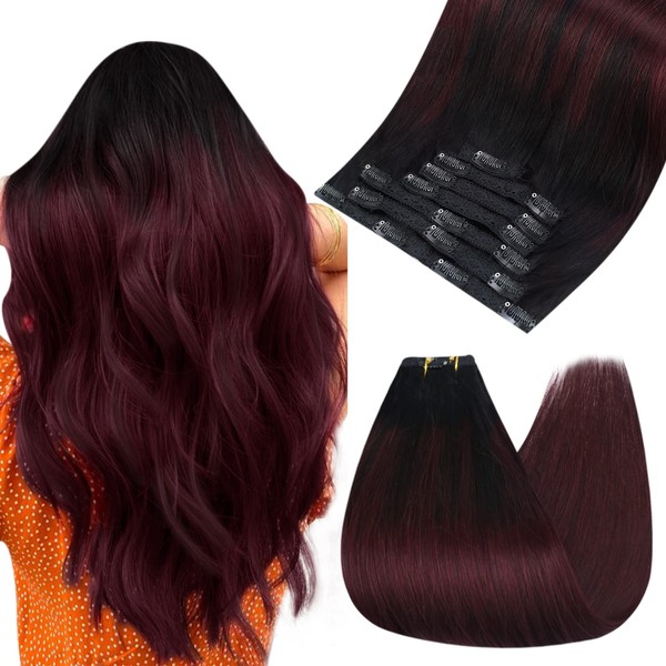 Ugeat 18Inch Clip in Human Hair Extensions Balayage Off Black Ombre to Wine Red Burgundy Hair Clip in Remy Hair Extensions Full Head Human Hair 120G 