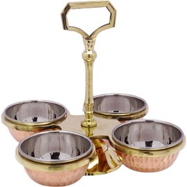 VAKRATUNDA KITCHENWARES Handmade Tableware Premium Copper & Steel Serving Bowls, Condiment Pots for Serving Pickle/Mouth Freshner/ Sauces/ Dry Fruit etc. (4 Bowls/Compartments)