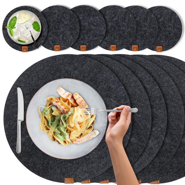 Miqio® Felt and Leather Design Place Mats (Round) – Set with 4 Washable Premium Placemats 37 cm and 4 Drinks Coasters