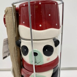 Holiday Time Christmas Panda Themed Stacking Mugs With Wire Rack Brand New