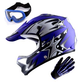 WOW Youth Motocross Helmet BMX MX ATV Dirt Bike Helmet Matt Star Blue + Goggles + Skeleton Blue Glove Bundle