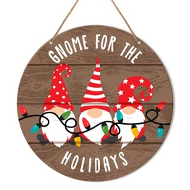 Muktoujaumai Christmas Sign Front Door Decor, Christmas Round Hanging Sign Decor Farmhouse Gnome Xmas Holiday Wall Decorations Winter Wood Sign for Door, Porch, Home, Gnome for The Holidays