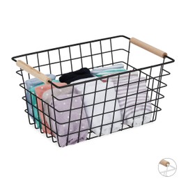 1 x Wire Basket, Wooden Handles, Rectangular, Grid Design, Clothing, Accessories, Metal Basket, HBT: 16 x 31 x 21 cm, Black