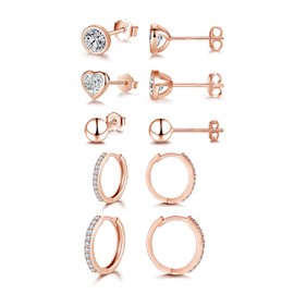 Ecripe 5 Pairs 925 Sterling Silver Earrings Set for Women, 3 Pairs Mini Stud Earrings, 2 Pairs of Hoop Earrings with Cubic Zirconia, Hypoallergenic Small Cartilage Earrings for Girls, Sterling Silver
