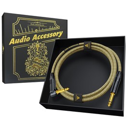 AA AUDIO ACCESSORY Gold Series Right Angle Guitar Cable 6.6ft (Gold-Plated Neutrik Connectors) 16 AWG &Conductive PVC, Kevlar Reinforced Braided 1/4 Instrument Cord for Electric Amp Bass,100% Shielded