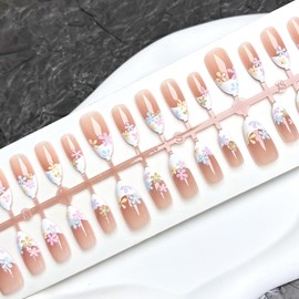30Pcs White French Tip Press on Nails Medium Almond Fake Nails Nude Pink False Nails with Colorful Flower Designs Glossy Cute Acrylic Nails Full Cover Artificial Nails Summer Stick on Nails for Women