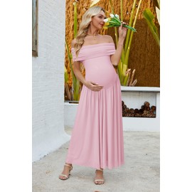 OUGES Women's 2025 Summer Spring Off The Shoulder Mesh Maxi Maternity Baby Shower Dresses for Photoshoot Party Wedding Guest Sleeveless Pleated Formal Long Flowy Pregnancy Must Have Clothes(Pink,L)